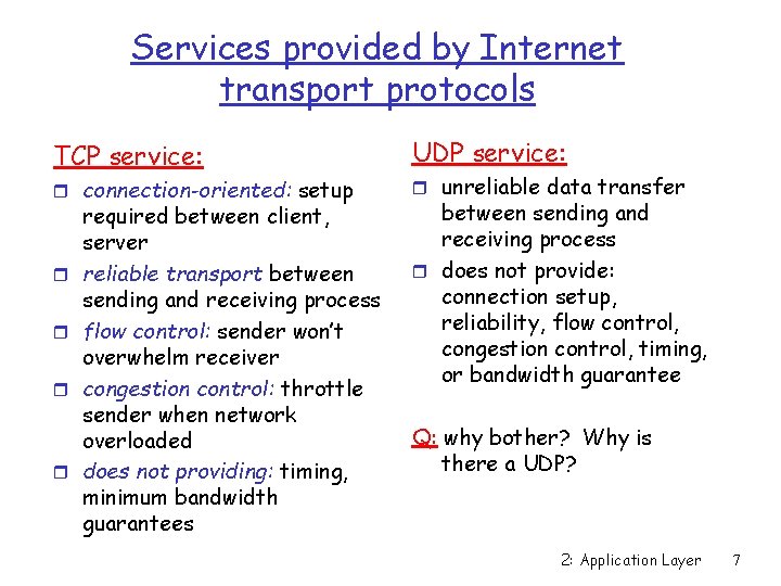 Services provided by Internet transport protocols TCP service: r connection-oriented: setup r r required