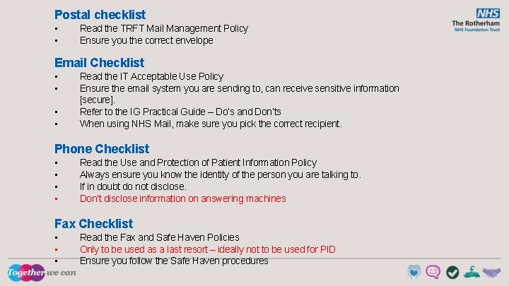 Postal checklist • • Read the TRFT Mail Management Policy Ensure you the correct