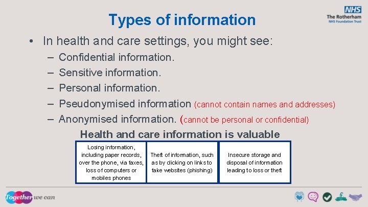 Types of information • In health and care settings, you might see: – –