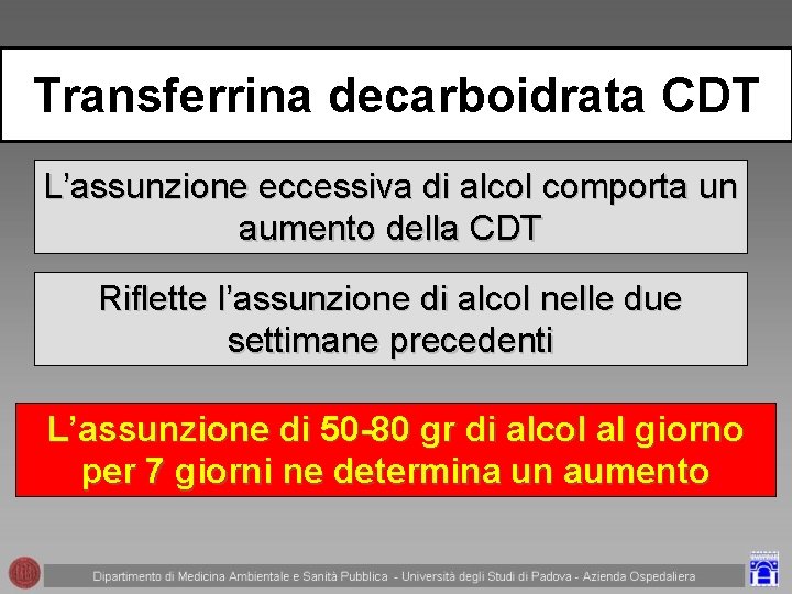 Transferrina decarboidrata CDT L’assunzione eccessiva di alcol comporta un aumento della CDT Riflette l’assunzione