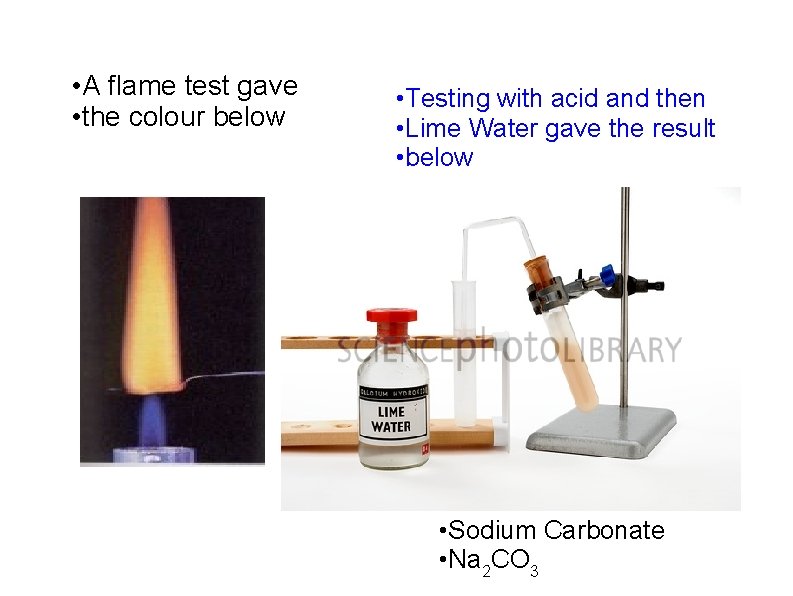  • A flame test gave • the colour below • Testing with acid