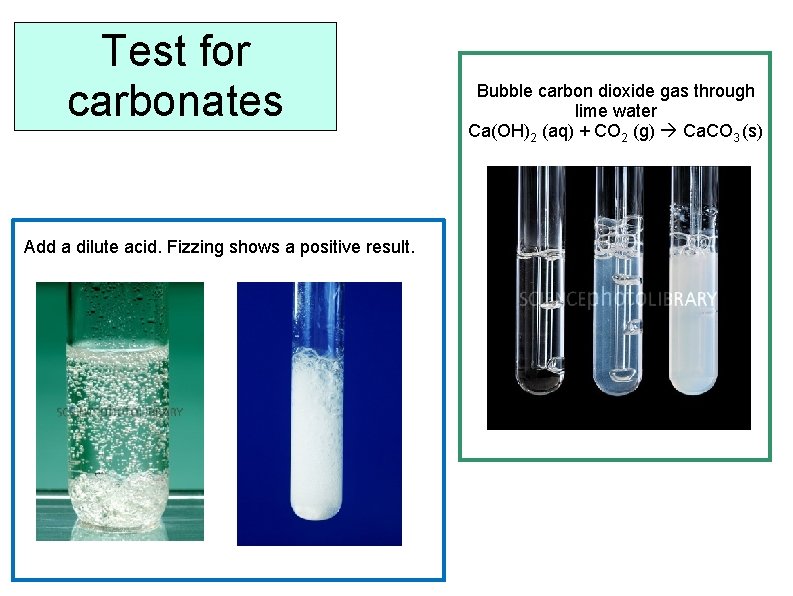 Test for carbonates Add a dilute acid. Fizzing shows a positive result. Bubble carbon