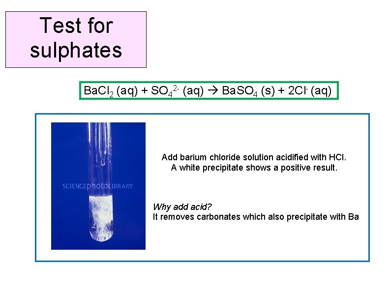 Test for sulphates Ba. Cl 2 (aq) + SO 42 - (aq) Ba. SO