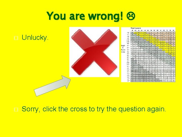 You are wrong! � Unlucky. � Sorry, click the cross to try the question