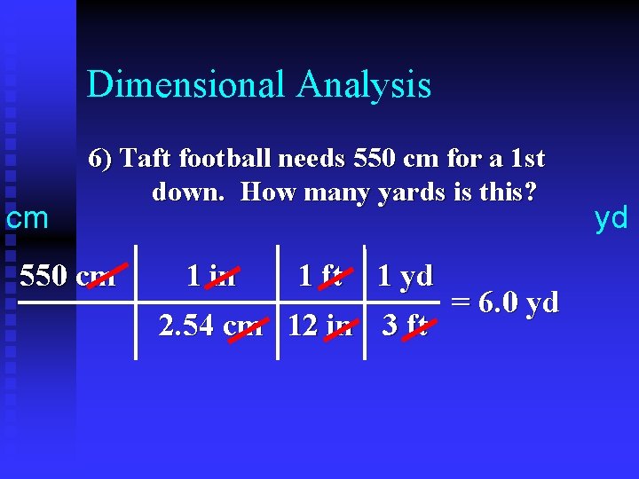 Dimensional Analysis cm 6) Taft football needs 550 cm for a 1 st down.