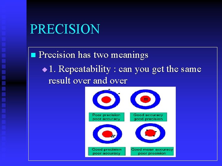 PRECISION n Precision has two meanings u 1. Repeatability : can you get the