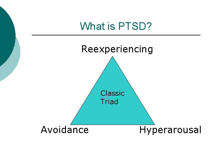 What is PTSD? Reexperiencing Classic Triad Avoidance Hyperarousal 