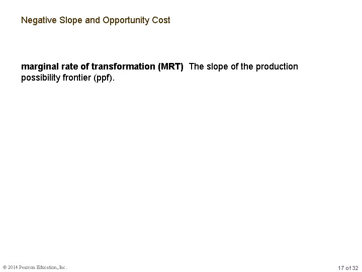 Negative Slope and Opportunity Cost marginal rate of transformation (MRT) The slope of the