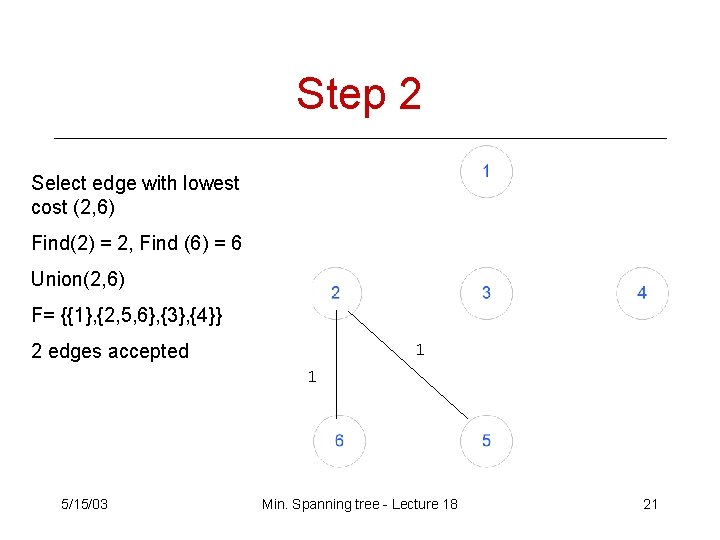 Step 2 Select edge with lowest cost (2, 6) Find(2) = 2, Find (6) Step 2 Select edge with lowest cost (2, 6) Find(2) = 2, Find (6)