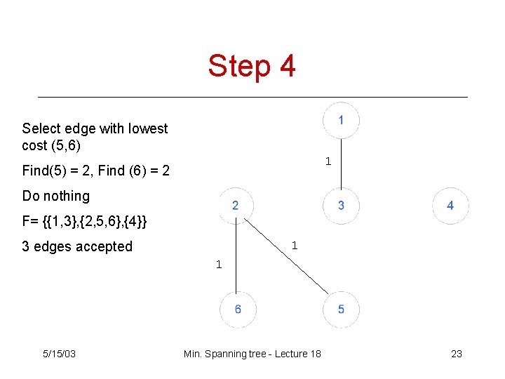 Step 4 Select edge with lowest cost (5, 6) 1 Find(5) = 2, Find Step 4 Select edge with lowest cost (5, 6) 1 Find(5) = 2, Find