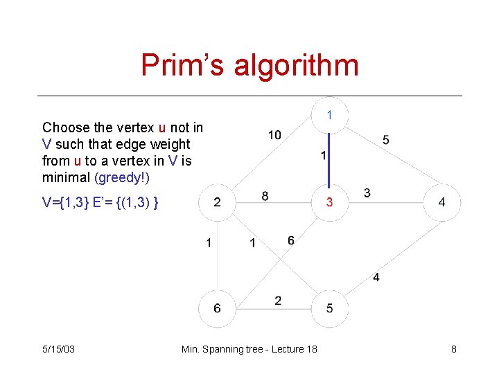 Prim’s algorithm Choose the vertex u not in V such that edge weight from Prim’s algorithm Choose the vertex u not in V such that edge weight from