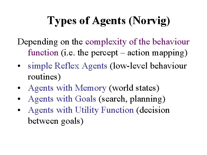 Types of Agents (Norvig) Depending on the complexity of the behaviour function (i. e.