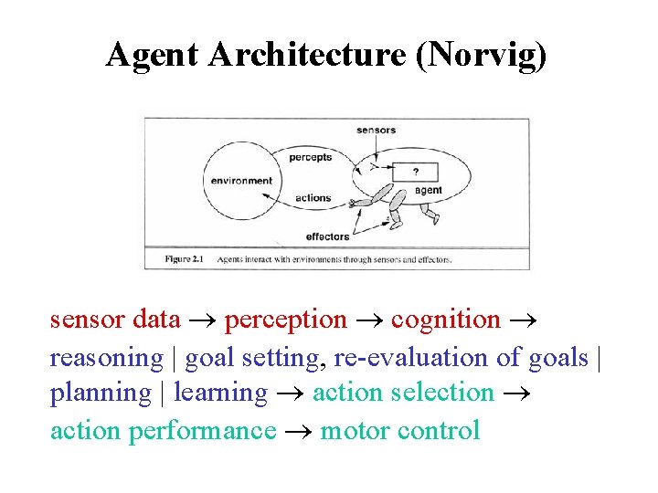Agent Architecture (Norvig) sensor data perception cognition reasoning | goal setting, re-evaluation of goals