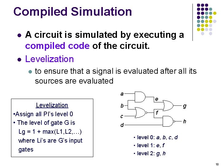 Compiled Simulation l l A circuit is simulated by executing a compiled code of