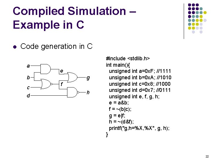 Compiled Simulation – Example in C l Code generation in C a e b