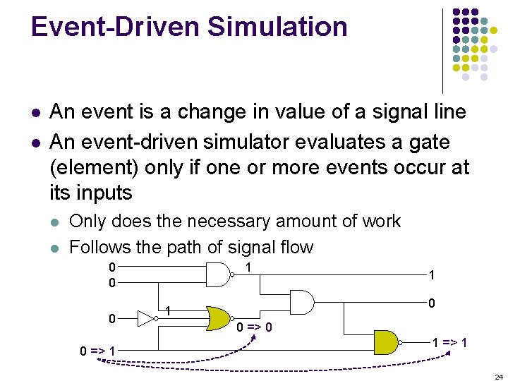 Event-Driven Simulation l l An event is a change in value of a signal