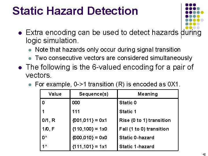 Static Hazard Detection l Extra encoding can be used to detect hazards during logic