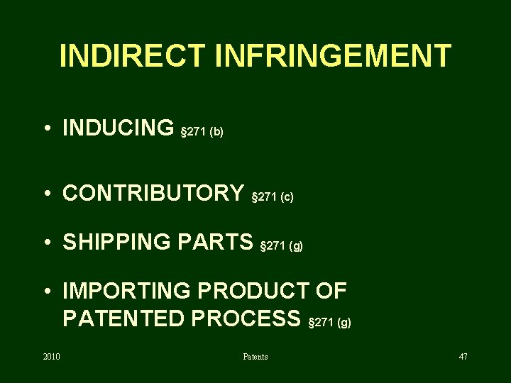 INDIRECT INFRINGEMENT • INDUCING § 271 (b) • CONTRIBUTORY § 271 (c) • SHIPPING