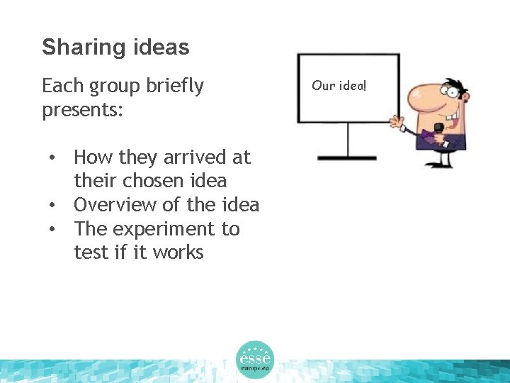 Sharing ideas Each group briefly presents: • How they arrived at their chosen idea