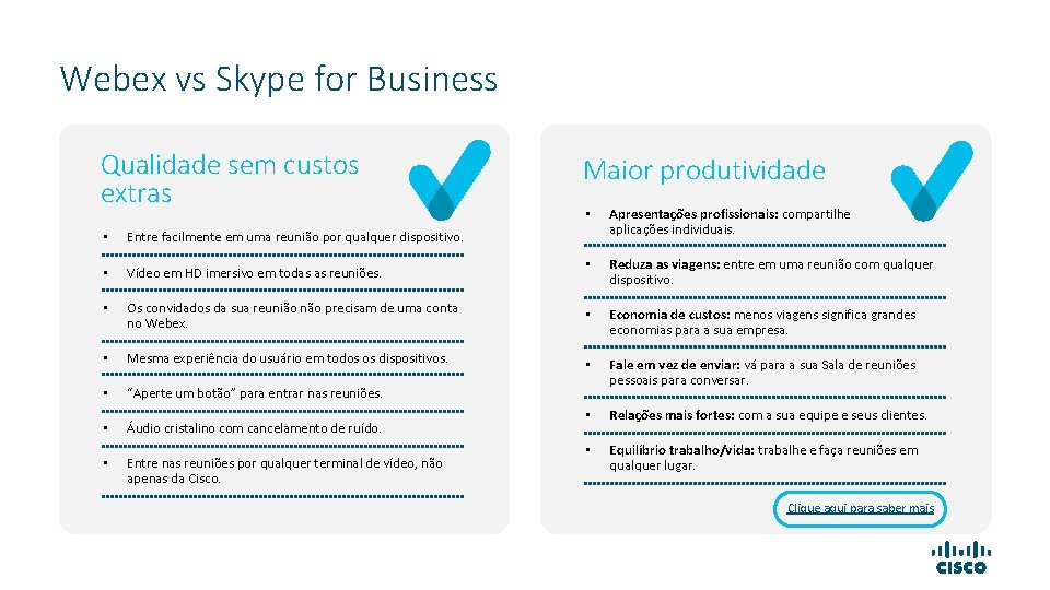 Webex vs Skype for Business Qualidade sem custos extras Maior produtividade • Apresentações profissionais: