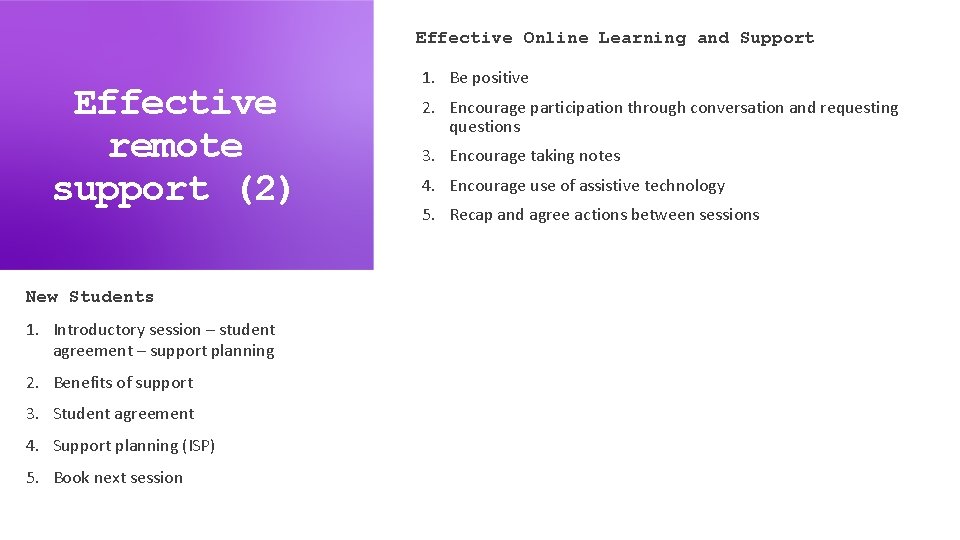 Effective Online Learning and Support Effective remote support (2) New Students 1. Introductory session