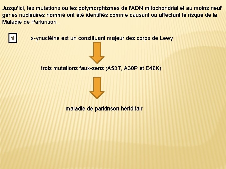 Jusqu'ici, les mutations ou les polymorphismes de l'ADN mitochondrial et au moins neuf gènes