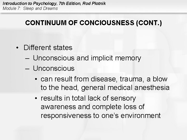 Introduction to Psychology, 7 th Edition, Rod Plotnik Module 7: Sleep and Dreams CONTINUUM