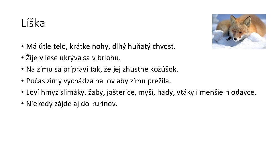 Líška • Má útle telo, krátke nohy, dlhý huňatý chvost. • Žije v lese