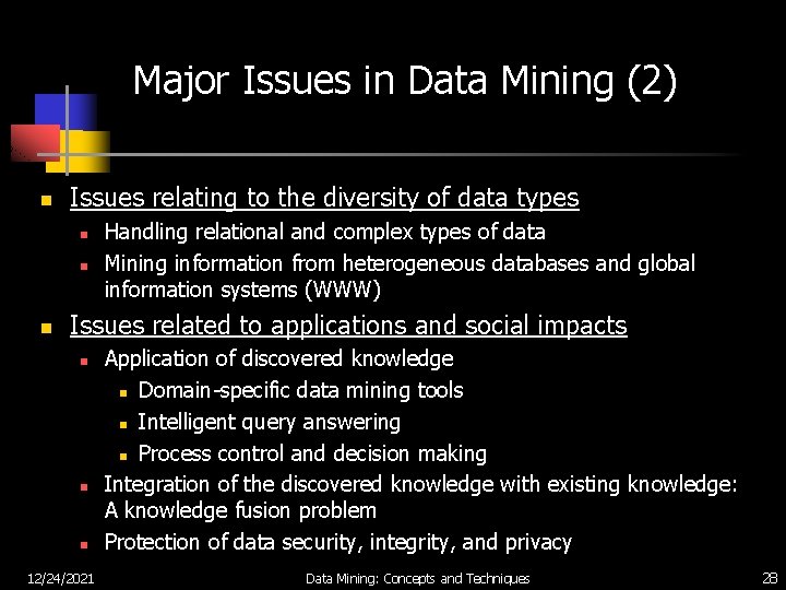 Major Issues in Data Mining (2) n Issues relating to the diversity of data