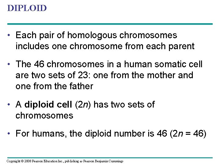 DIPLOID • Each pair of homologous chromosomes includes one chromosome from each parent •