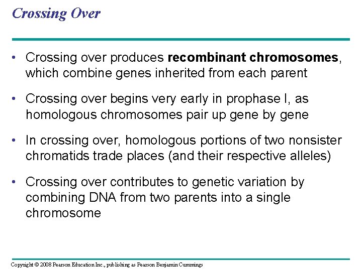 Crossing Over • Crossing over produces recombinant chromosomes, which combine genes inherited from each