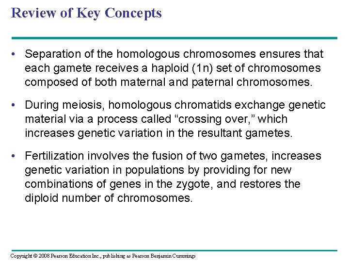 Review of Key Concepts • Separation of the homologous chromosomes ensures that each gamete