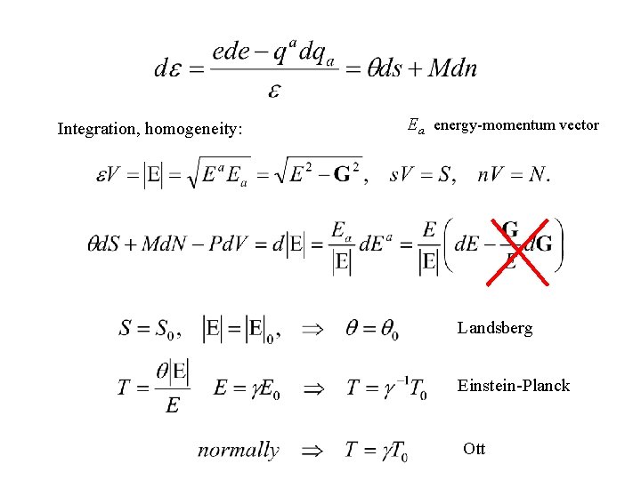 Integration, homogeneity: Ea energy-momentum vector Landsberg Einstein-Planck Ott 