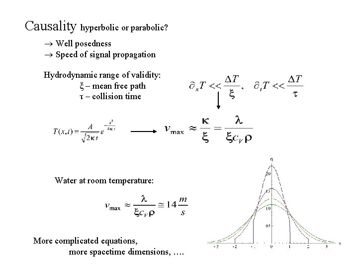 Causality hyperbolic or parabolic? Well posedness Speed of signal propagation Hydrodynamic range of validity: