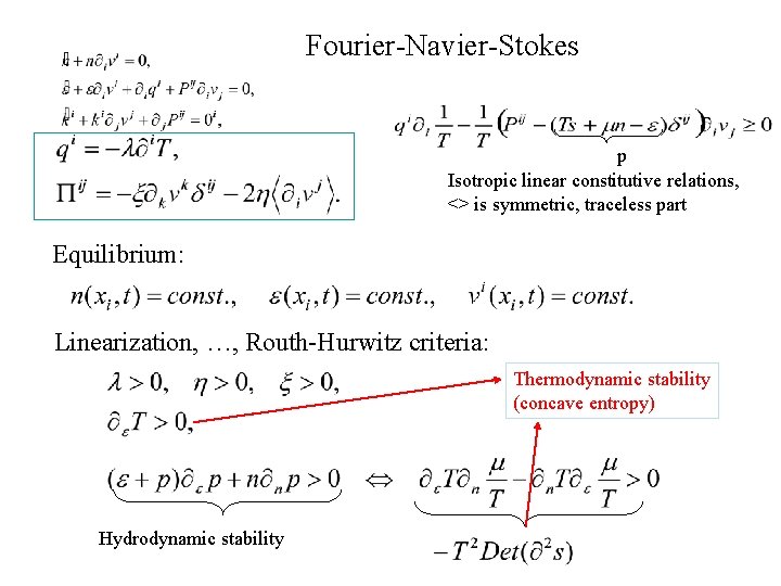 Fourier-Navier-Stokes p Isotropic linear constitutive relations, <> is symmetric, traceless part Equilibrium: Linearization, …,
