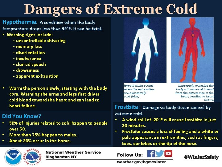 Dangers of Extreme Cold Hypothermia: A condition when the body temperature drops less than