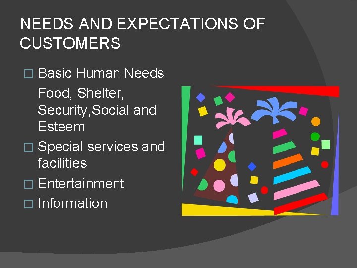 NEEDS AND EXPECTATIONS OF CUSTOMERS Basic Human Needs Food, Shelter, Security, Social and Esteem