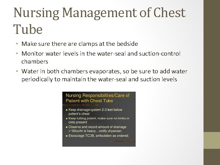 Nursing Management of Chest Tube • Make sure there are clamps at the bedside