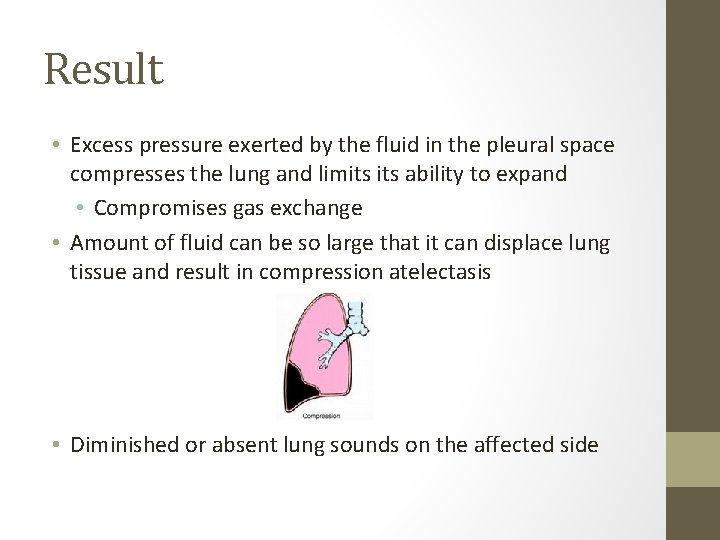 Result • Excess pressure exerted by the fluid in the pleural space compresses the