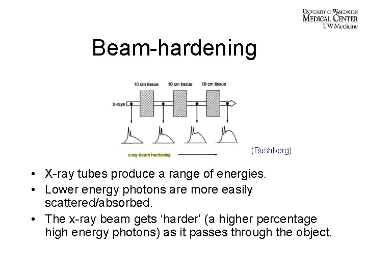 Beam-hardening (Bushberg) • X-ray tubes produce a range of energies. • Lower energy photons