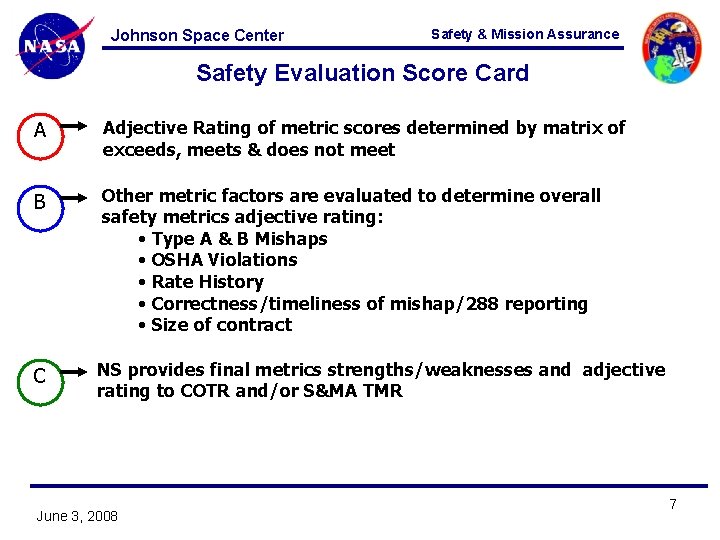 Johnson Space Center Safety & Mission Assurance Safety Evaluation Score Card A Adjective Rating