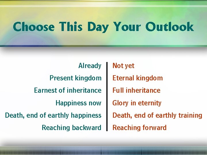 Choose This Day Your Outlook Already Present kingdom Not yet Eternal kingdom Earnest of