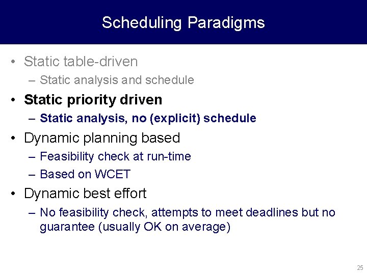 Scheduling Paradigms • Static table-driven – Static analysis and schedule • Static priority driven