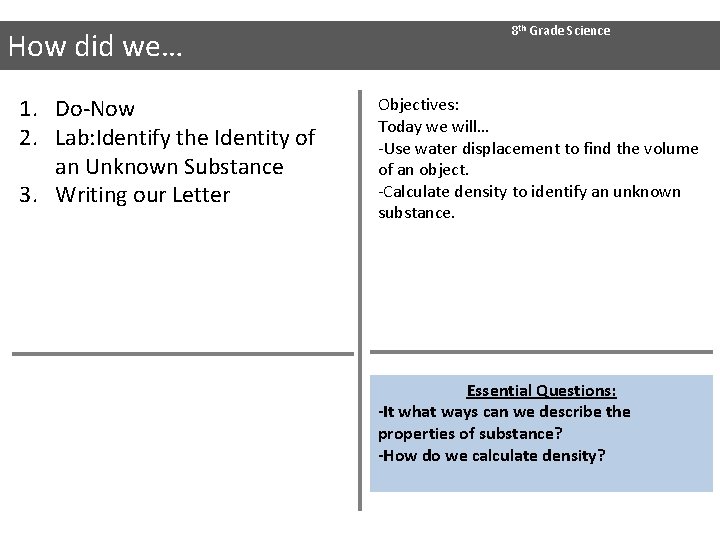 How did we… 1. Do-Now 2. Lab: Identify the Identity of an Unknown Substance