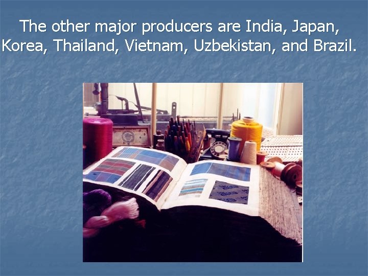 The other major producers are India, Japan, Korea, Thailand, Vietnam, Uzbekistan, and Brazil. 