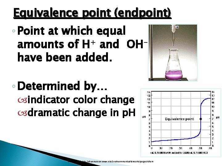 Equivalence point (endpoint) ◦ Point at which equal amounts of H+ and OHhave been