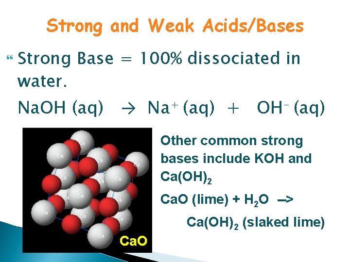 Strong and Weak Acids/Bases Strong Base = 100% dissociated in water. Na. OH (aq)