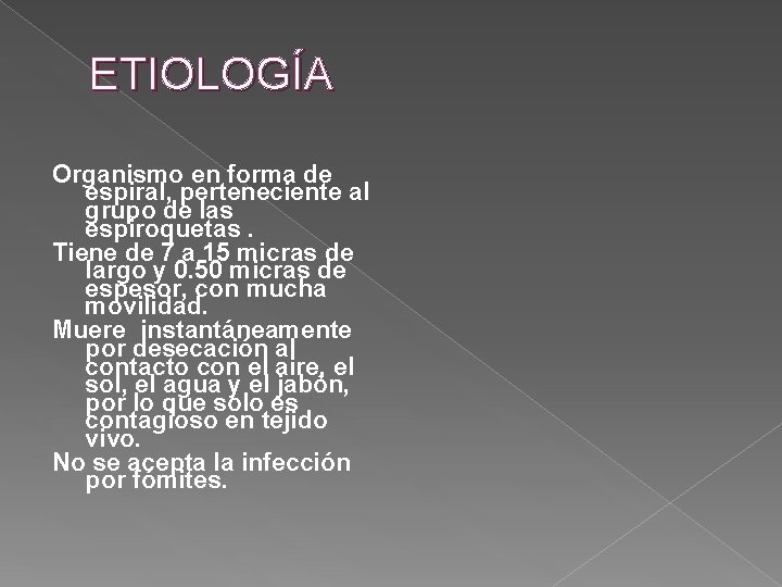 ETIOLOGÍA Organismo en forma de espiral, perteneciente al grupo de las espiroquetas. Tiene de