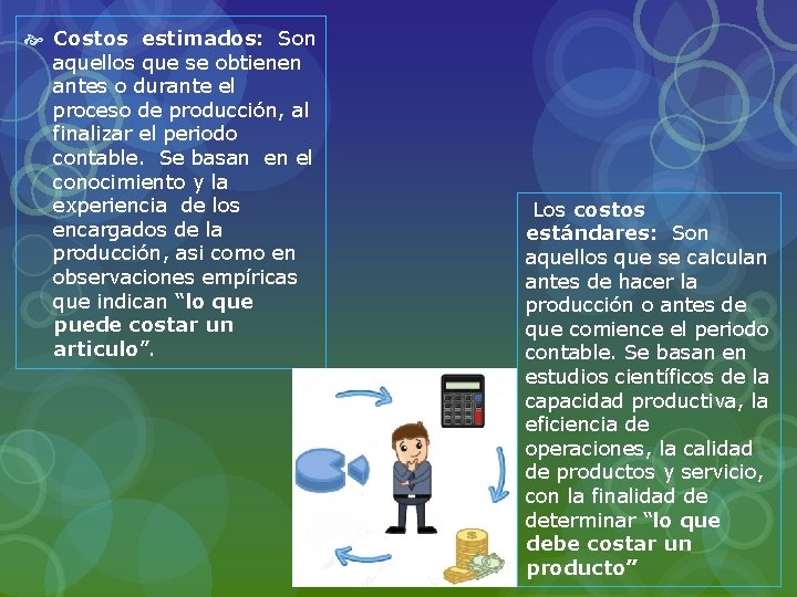  Costos estimados: Son aquellos que se obtienen antes o durante el proceso de