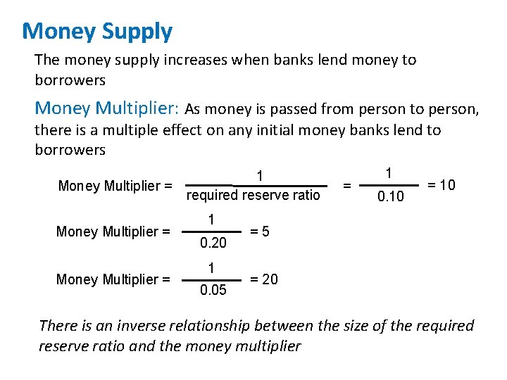 Money Supply The money supply increases when banks lend money to borrowers Money Multiplier: